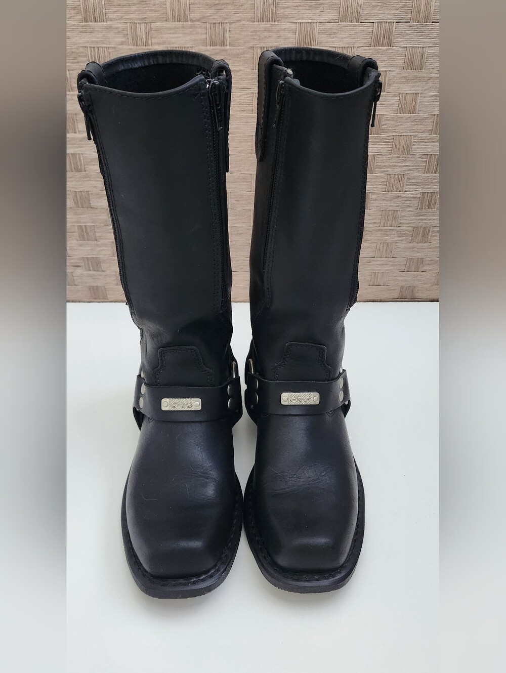 Women's Black Leather Motorcycle Harness Boots Side Zipper Mid-Calf Size 8.5